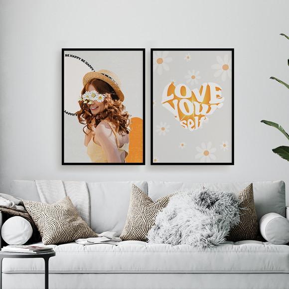2 Quadros Digitais - Menina Margaridas - Love Yourself
