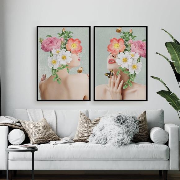 2 Quadros Digitais - Mulher E Flores - Cinza