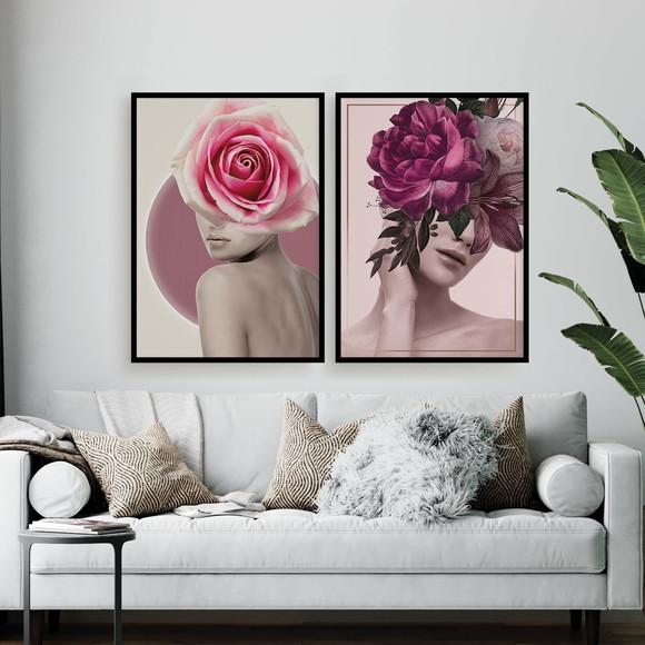 2 Quadros Digitais - Mulher E Flores - Rosa