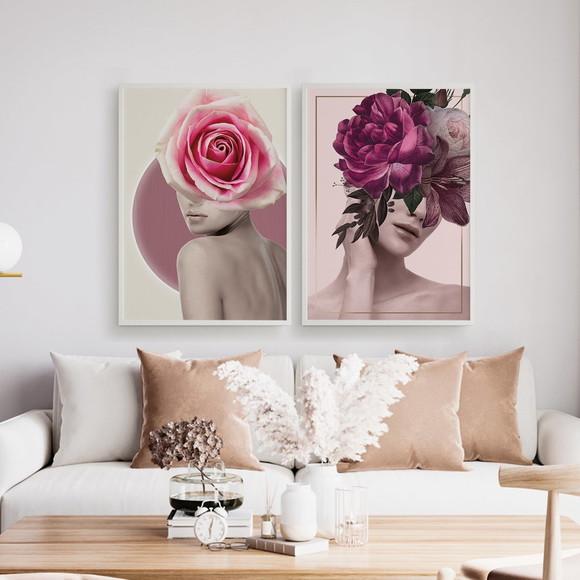 2 Quadros Digitais - Mulher E Flores - Rosa