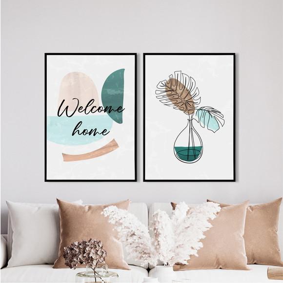 2 Quadros Digitais - Welcome Home - Flor One Line Abstrato