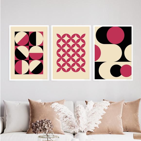 3 Quadros Digitais - Bauhaus Círculos Flor Formas - Magenta
