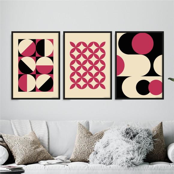 3 Quadros Digitais - Bauhaus Círculos Flor Formas - Magenta