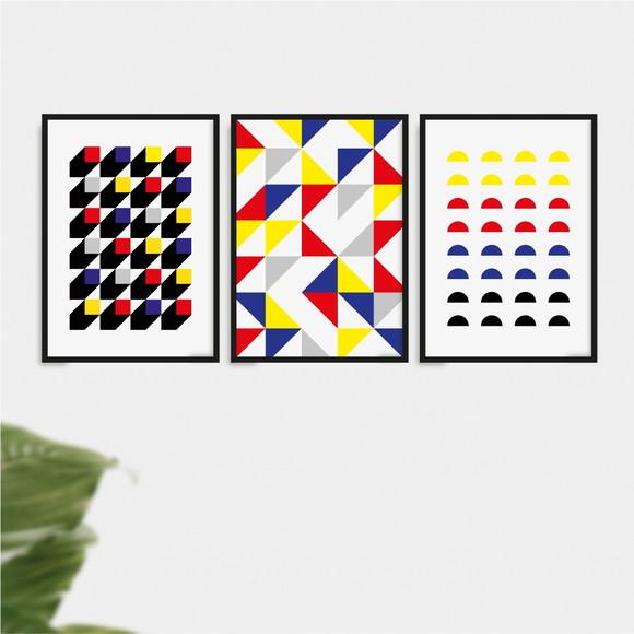 3 Quadros Digitais - Bauhaus Cubos Triângulos Semi Círculos