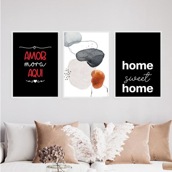 3 Quadros Digitais - Amor Mora Aqui Aquarela Home Sweet Home