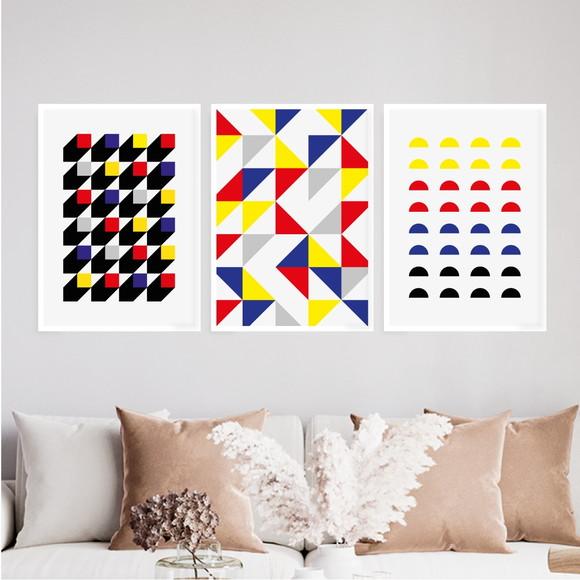 3 Quadros Digitais - Bauhaus Cubos Triângulos Semi Círculos