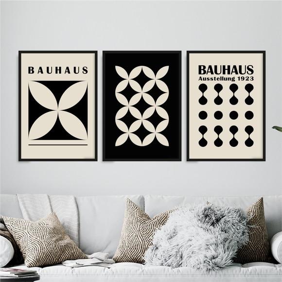 3 Quadros Digitais - Bauhaus Flor Abstrato - Bege e Preto