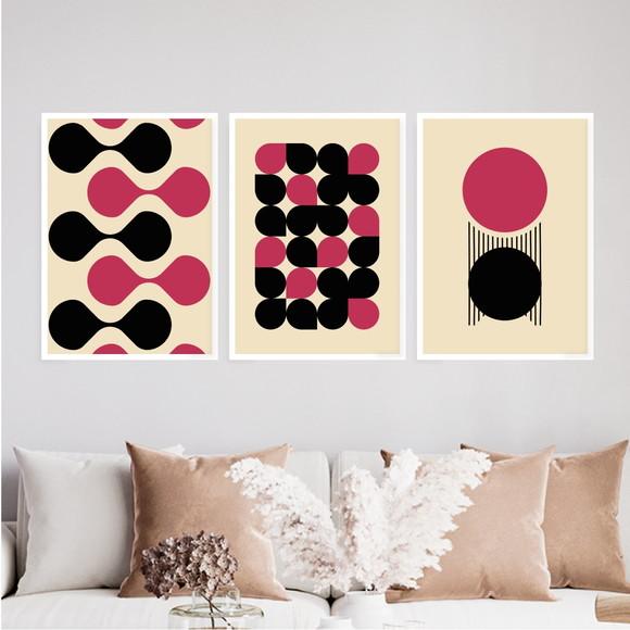 3 Quadros Digitais - Bauhaus Magenta Abstrato Gotas Círculos