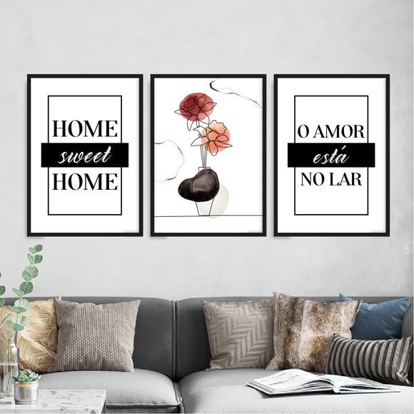 3 Quadros Digitais - Home Sweet Home o Amor Está no Lar Flor