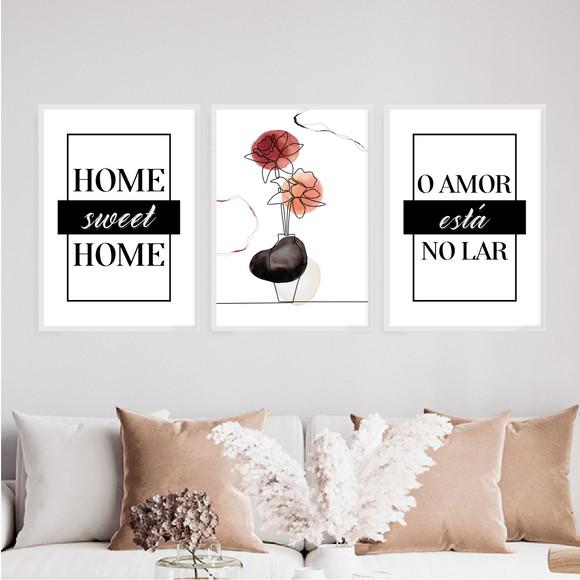 3 Quadros Digitais - Home Sweet Home o Amor Está no Lar Flor