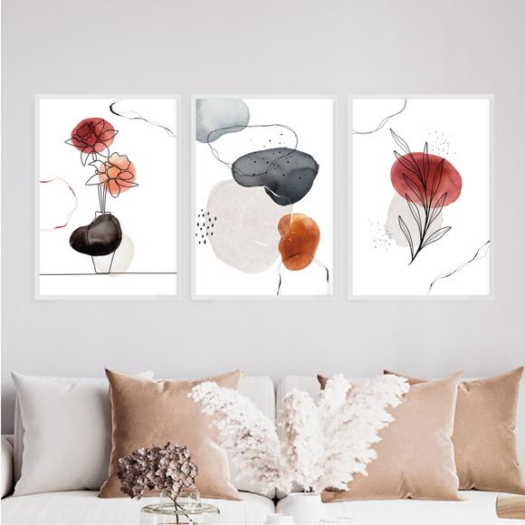 3 Quadros Digitais - Flor Folhas One Line - Manchas Aquarela