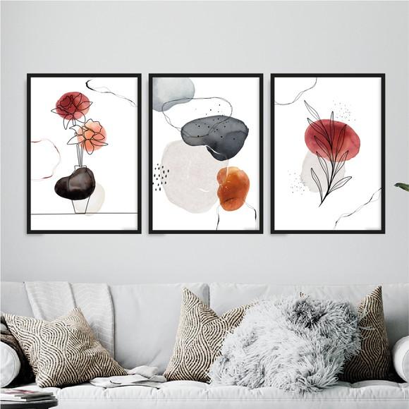 3 Quadros Digitais - Flor Folhas One Line - Manchas Aquarela