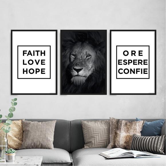 3 Quadros Digitais - Leão Ore Espere Confie Faith Love Hope