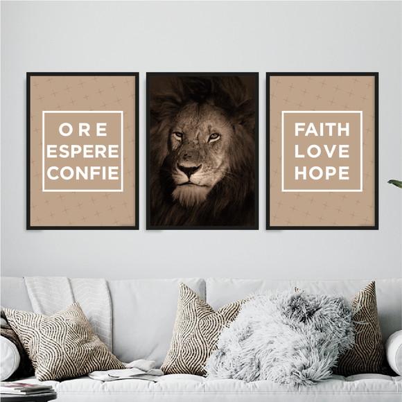 3 Quadros Digitais - Leão Ore Espere Confie Faith Love Hope