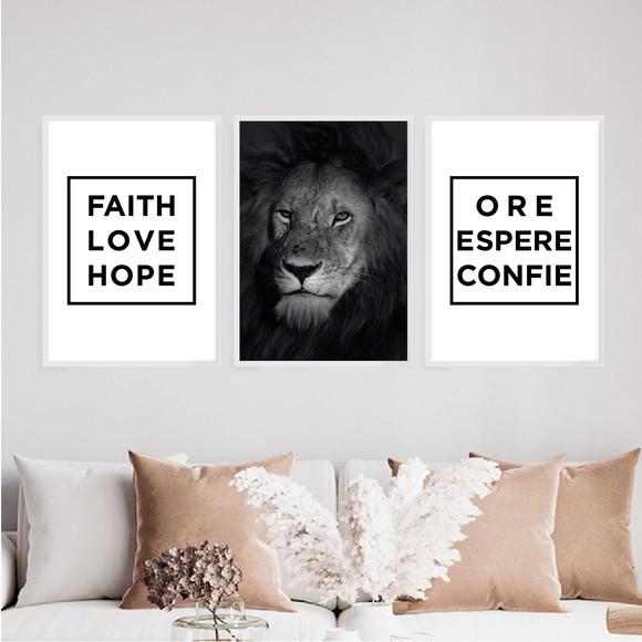 3 Quadros Digitais - Leão Ore Espere Confie Faith Love Hope