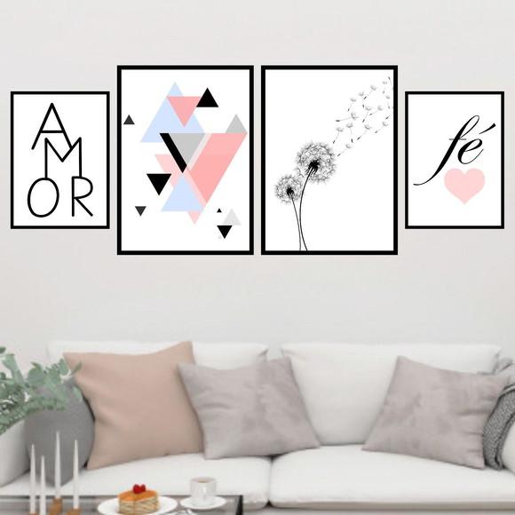 4 Quadros Digitais - Amor Triângulos Dente de Leão Fé