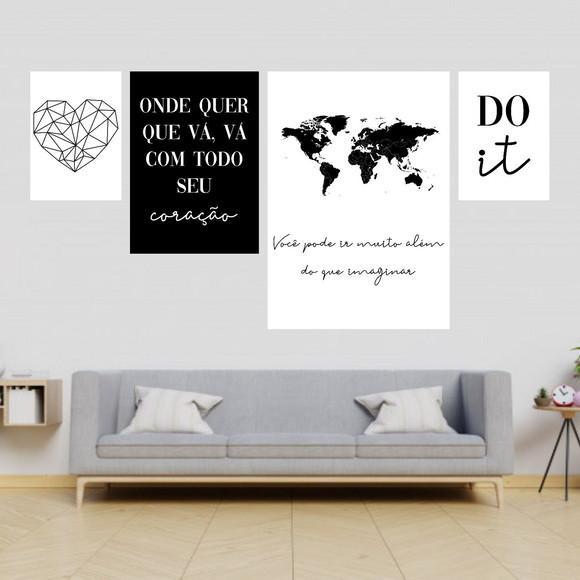 4 Quadros Digitais - Do It Preto E Branco Mapa Mundi