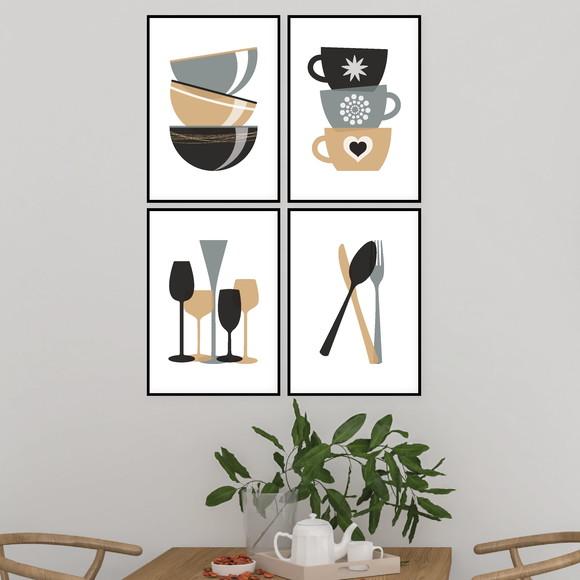 4 Quadros Digitais - Cozinha Tigelas Xícaras Taças Talheres