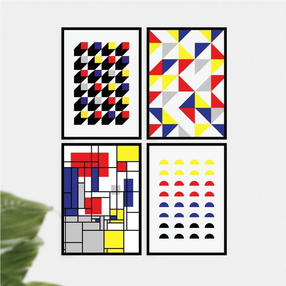 4 Quadros Digitais - Bauhaus Cubos Triângulos Semi Círculos