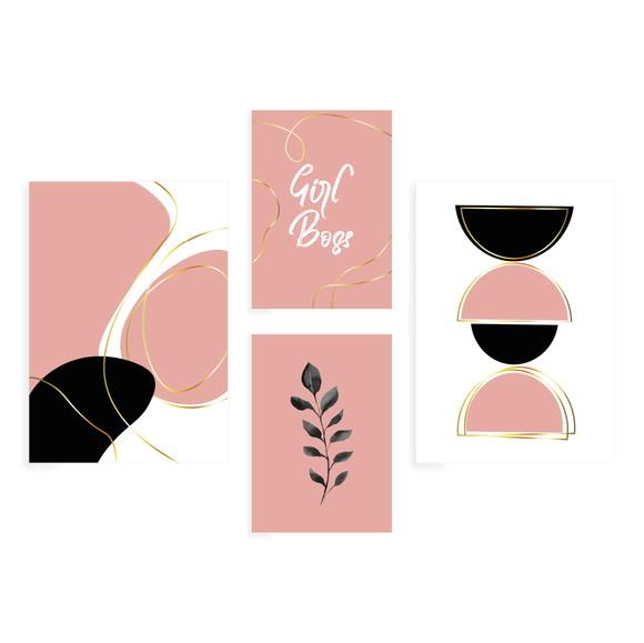 4 Quadros Digitais - Girl Boss Abstratos Folhas - Rosa