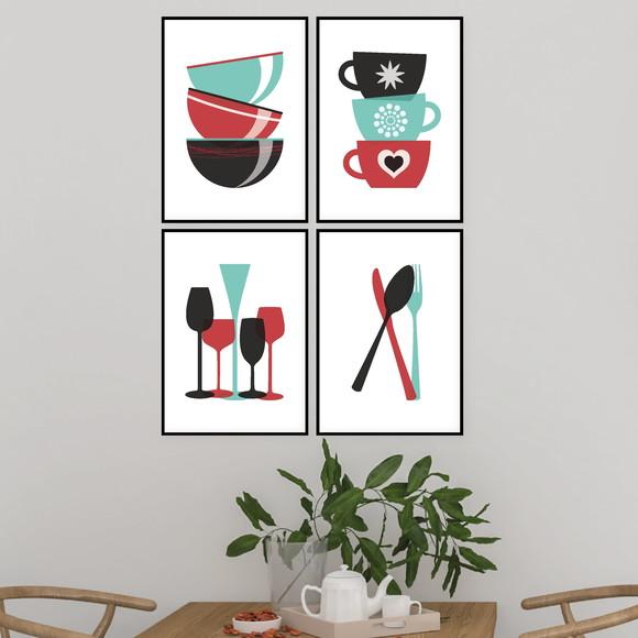 4 Quadros Digitais - Cozinha Tigelas Xícaras Taças Talheres