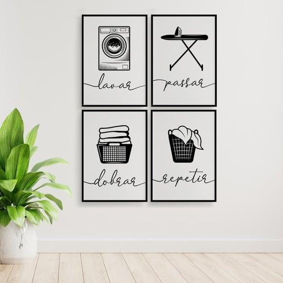 4 Quadros Digitais - Lavanderia Preto E Branco -lavar Passar