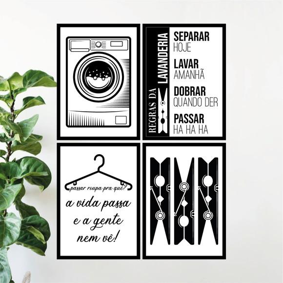 4 Quadros Digitais - Lavanderia Preto e Branco