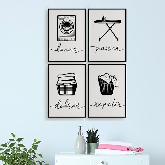 4 Quadros Digitais - Lavanderia Preto E Branco -lavar Passar