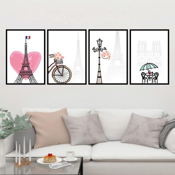 4 Quadros Digitais - Torre Eiffel Bistrô Paris Bicicleta