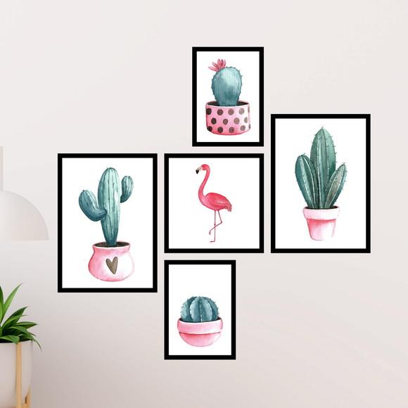 5 Quadros Digitais - Cactos Flamingo - Rosa