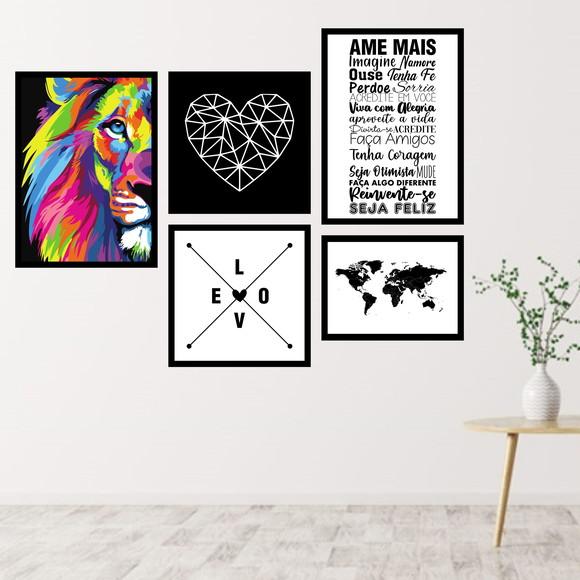 5 Quadros Digitais - Ame Mais Leão Coração Mapa Love