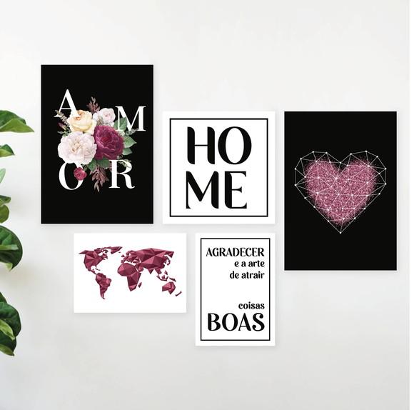 5 Quadros Digitais - Amor Flor Coração Glitter Mapa Home