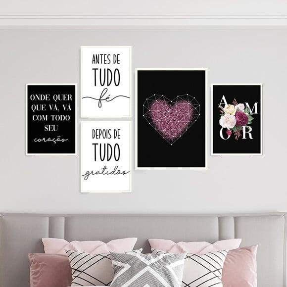 5 Quadros Digitais - Fé Gratidão Coração Glitter Amor Flor