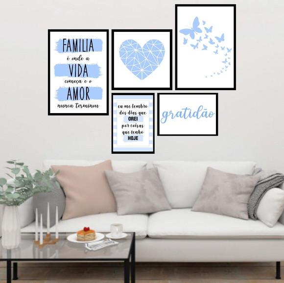 5 Quadros Digitais - Família Orei Coração Gratidão Azul