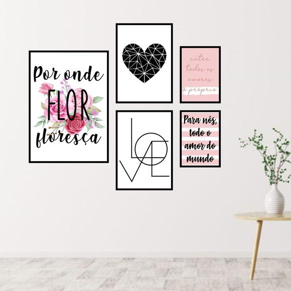 5 Quadros Digitais - Floresça Coração Love Amor