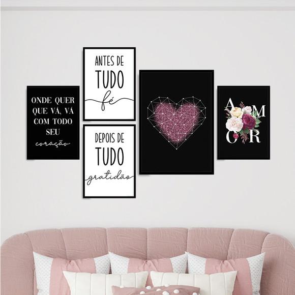 5 Quadros Digitais - Fé Gratidão Coração Glitter Amor Flor