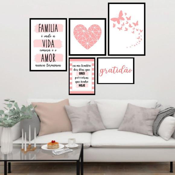 5 Quadros Digitais - Família Orei Coração Gratidão Rosa