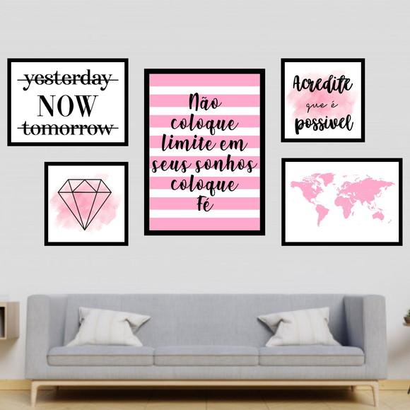 5 Quadros Digitais - Não Coloque Limite Nos Seus Sonhos Rosa