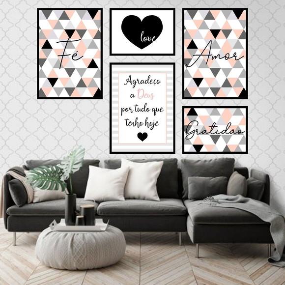 5 Quadros Digitais - Triângulos Fé Amor Gratidão Salmon