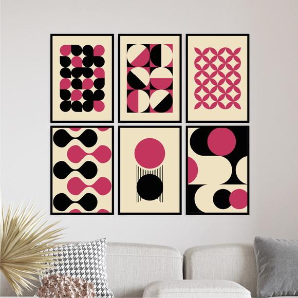 6 Quadros Digitais - Bauhaus Abstrato - Bege Magenta e Preto