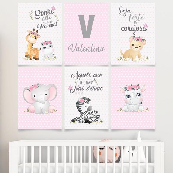 6 Quadros Digitais - Safari Baby Rosa Aquarela com Nome