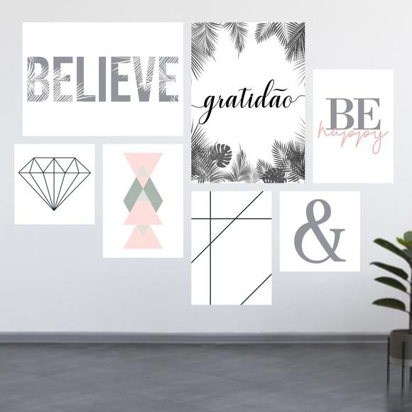 7 Quadros Digitais - Gratidão Folhas Believe Be Happy Rosa