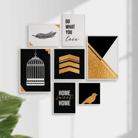 7 Quadros Digitais -Dourado e Preto Gaiola Pássaros Home