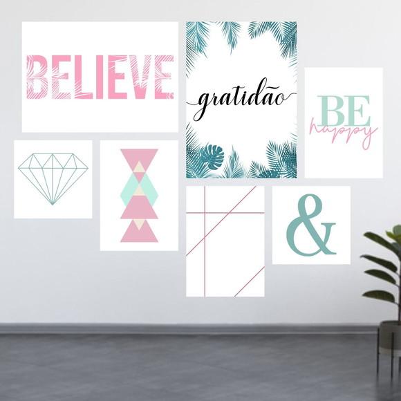 7 Quadros Digitais - Gratidão Folhas Believe Be Happy Turque