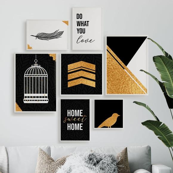 7 Quadros Digitais -Dourado e Preto Gaiola Pássaros Home