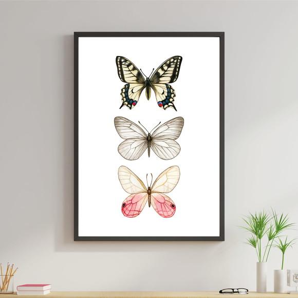 Arte Digital Quadro - 3 Borboletas Preto Branco E Rosa