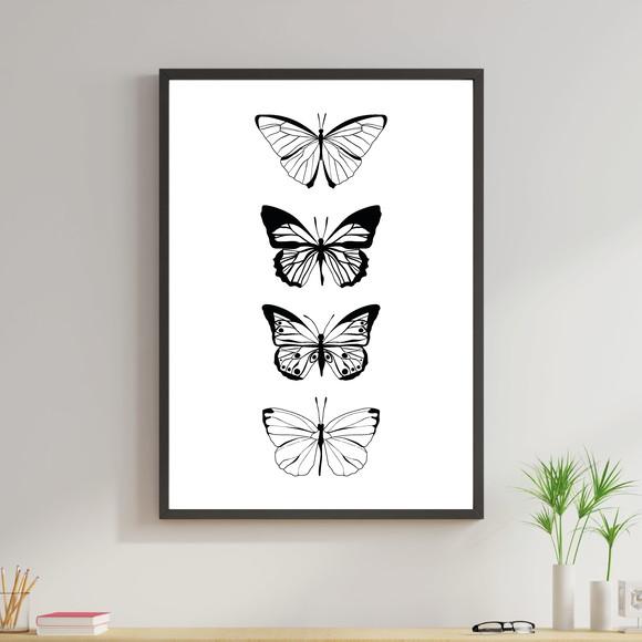 Arte Digital Quadro - 4 Borboletas Preto E Branco
