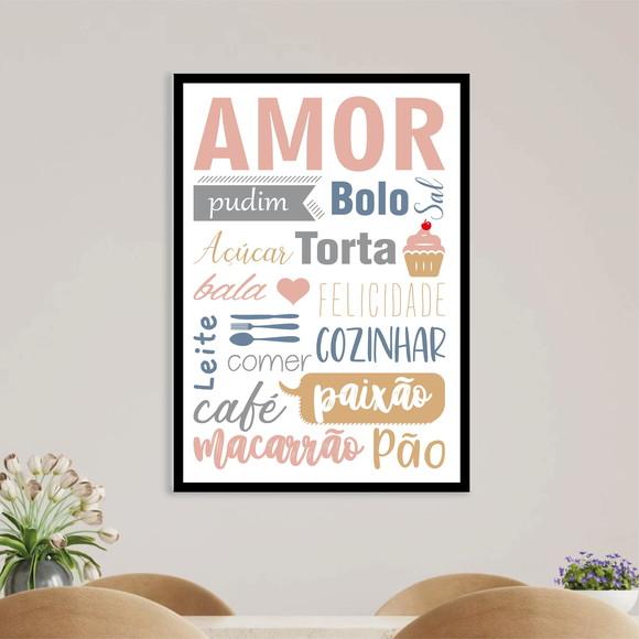 Arte Digital Quadro - Amor Bolo - Comidas Branco e Rosa