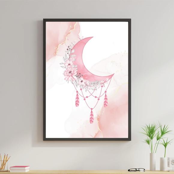 Arte Digital Quadro - Apanhador de sonhos Lua Rosa Aquarela