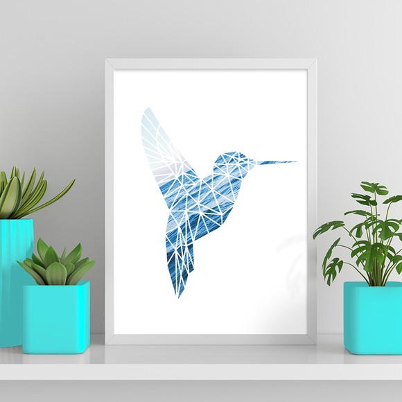 Arte Digital Quadro - Beija-flor Geométrico Mar